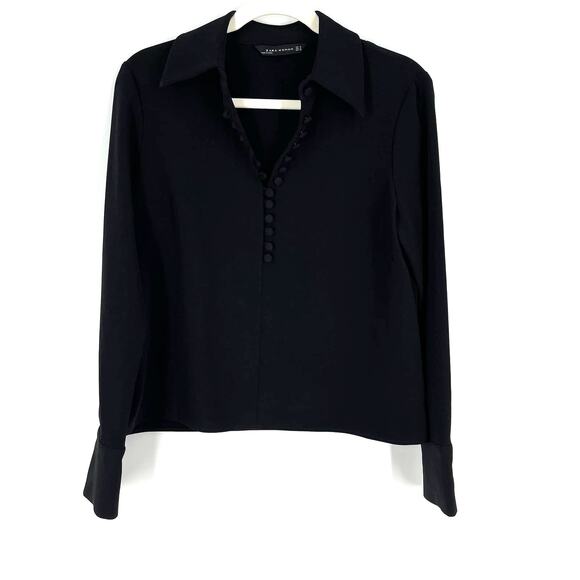 Zara Woman Black V-Neck Collared Blouse Medium Half Button Down Long Sleeves - Picture 1 of 7
